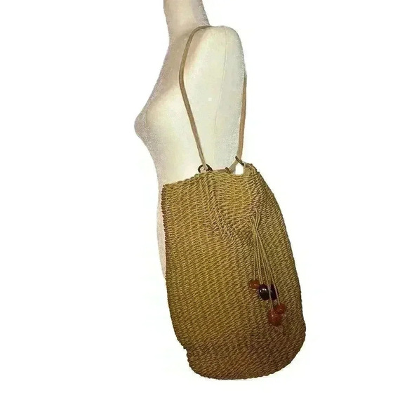 Oscar De La Renta Raffia Bucket Bag Wicker Suede Woven Purse Natural Beach Purse - Picture 2 of 16